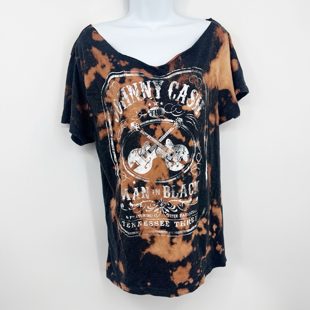 Johnny Cash Custom Bleach Splatter Graphic Tee Size Medium Cut Open Back Design
